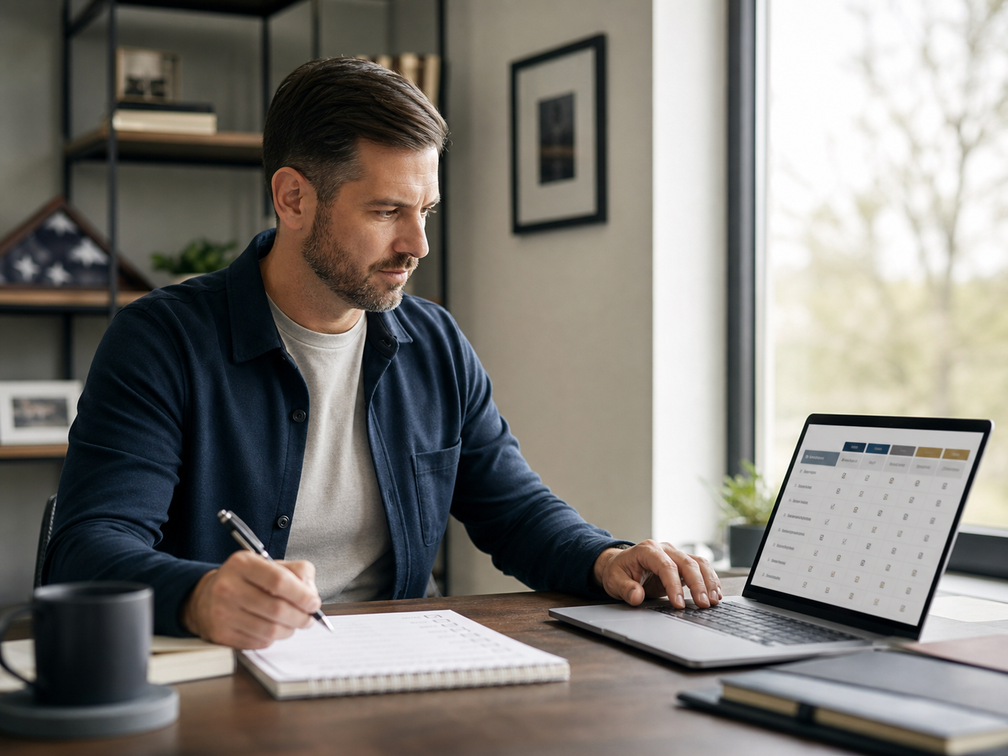 Veteran Evaluating University Programs on Laptop