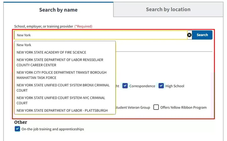 The search box displays the search by name option highlighted, showing it is the active choice for searching.
