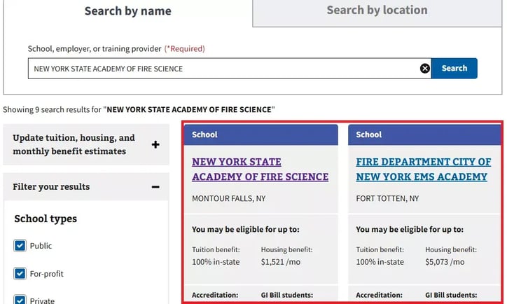 GI Bill Comparison tool Search page showing New York State University featuring navigation options and search bar for academic resources.