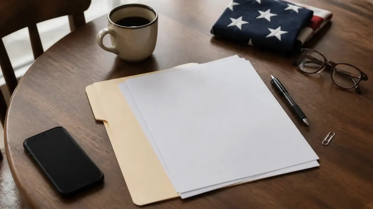 A blank application packet in a manila folder on a kitchen table beside a pen, reading glasses, a coffee mug and a folded American flag