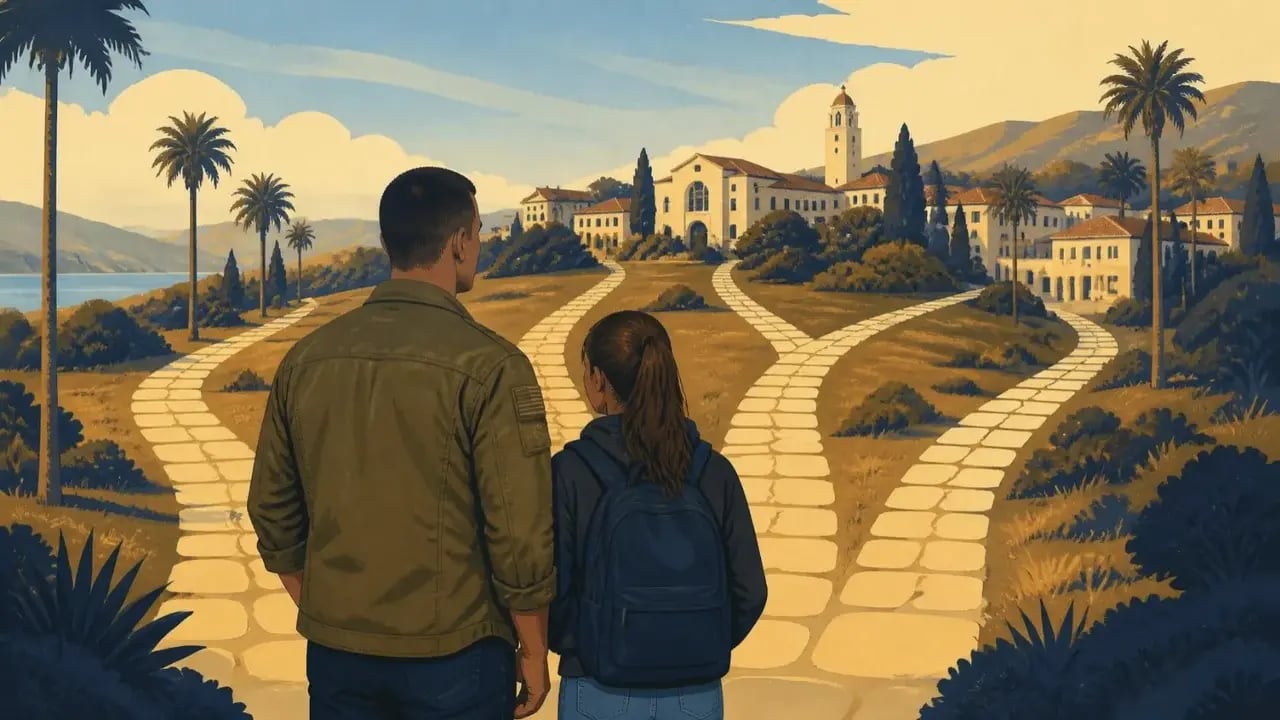 Illustration of a veteran father and his teenage daughter looking at stone paths leading up to a California college campus