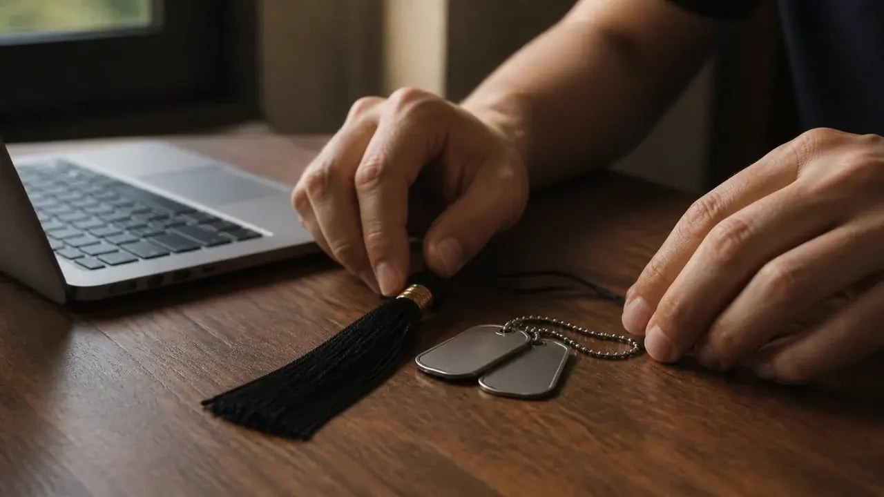 Close-up of hands placing a graduation cap tassel beside a pair of blank military dog tags on a wooden desk next to a laptop