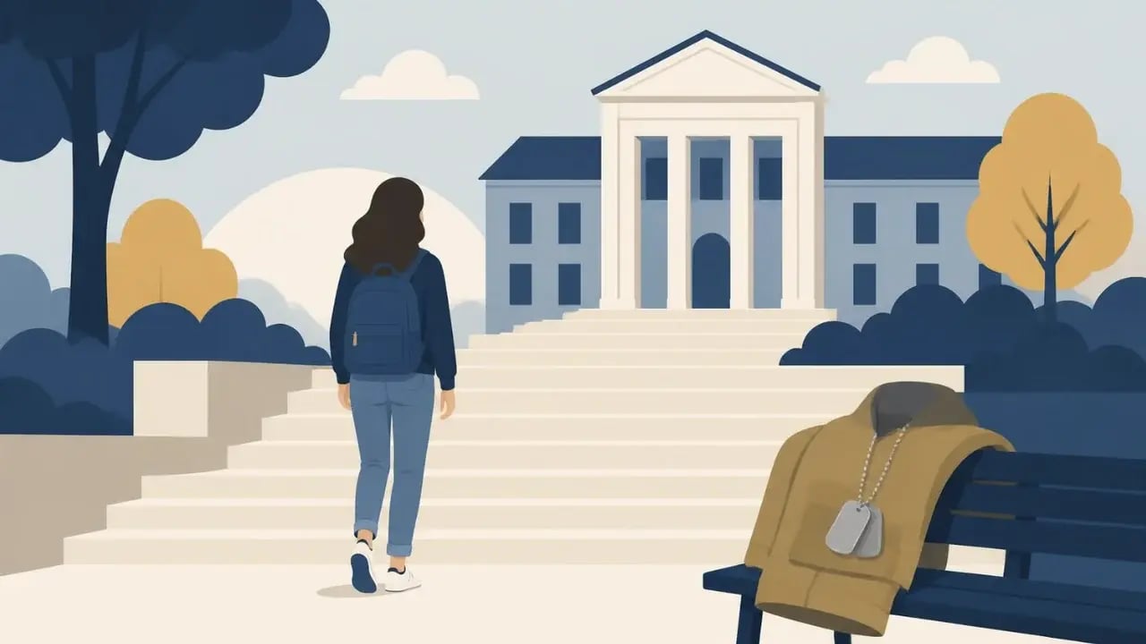 Flat illustration of a young woman with a backpack walking up wide steps toward a college building, with a jacket and a pair of dog tags resting on a bench