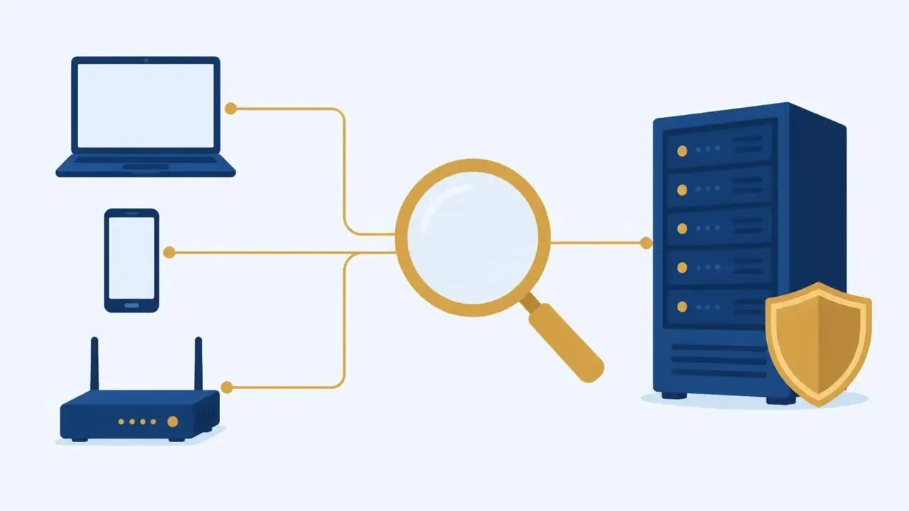 Connected devices, an investigation symbol and a protected server illustrate areas to examine in cybersecurity coursework.