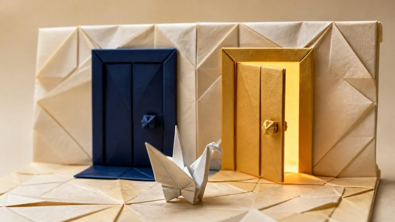 Origami paper diorama of a navy door and a gold door side by side in a folded paper wall, with warm light behind the gold door and a white paper crane standing between them