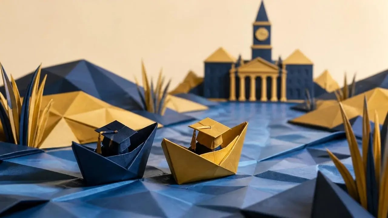 Origami paper diorama of two folded paper boats, one navy and one gold, each carrying a small paper graduation cap along a paper river toward a university clock tower