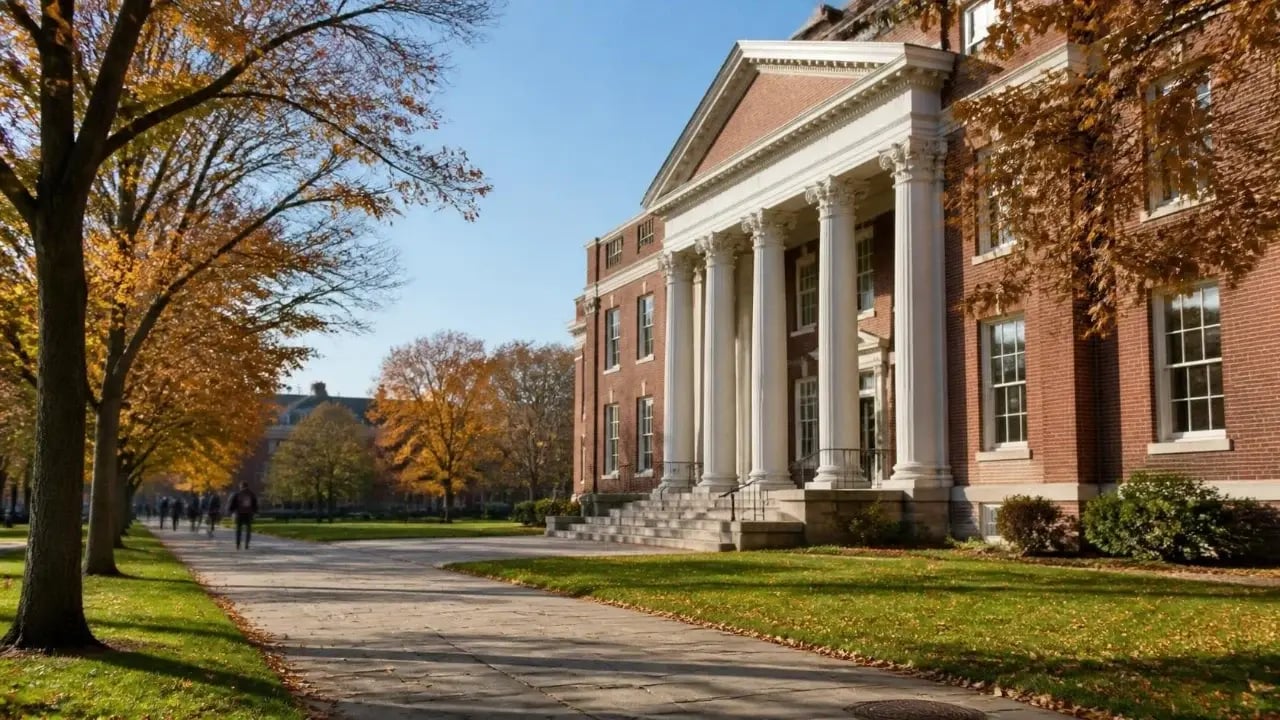 Red-brick university building with white columns and a stone walkway on an autumn morning