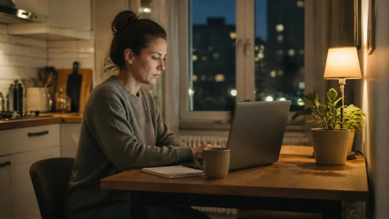 Veteran studying on a laptop at her kitchen table in the evening