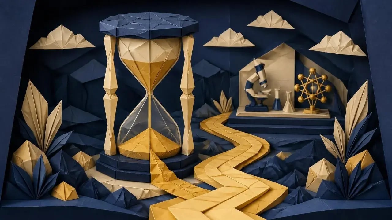 Folded-paper diorama of a large paper hourglass whose gold paper sand pours out into a winding path toward a small paper science lab with a microscope and an atom model