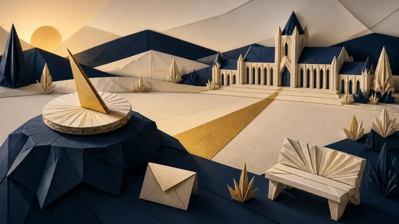 Folded-paper diorama of a paper sundial on a small hill whose long gold shadow stretches across a paper meadow toward a distant university building at dawn