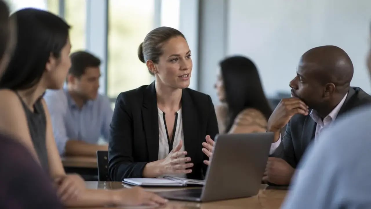 Adult MBA students discussing a case study in a seminar