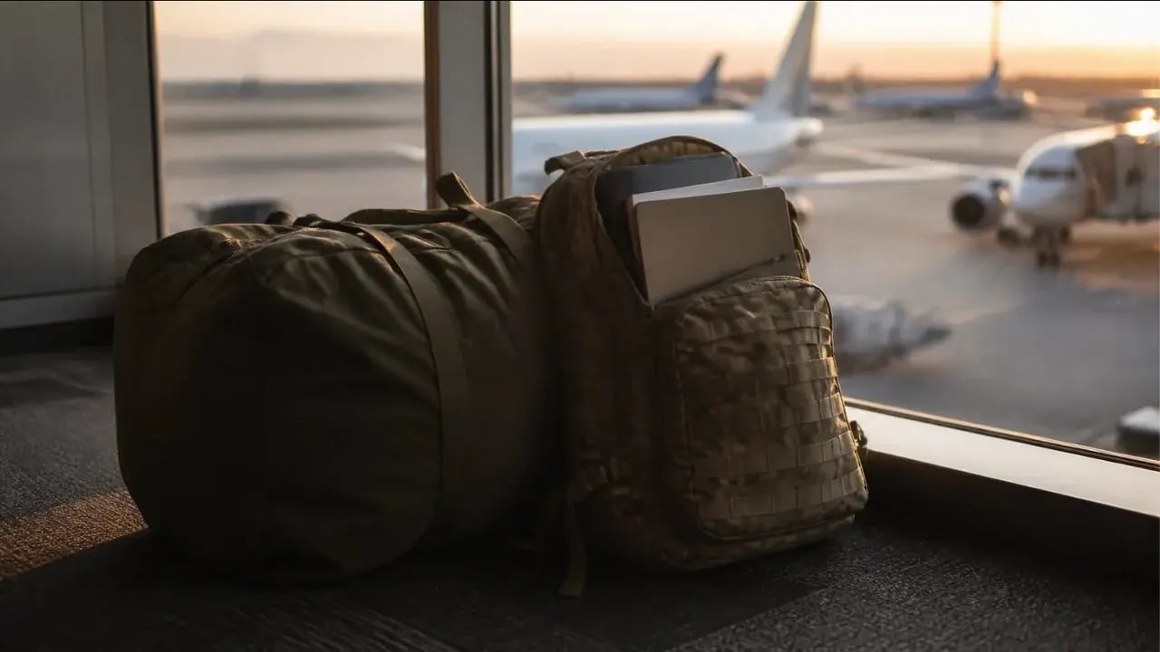 Military duffel bag and rucksack with a laptop tucked inside, by an airport window at sunrise
