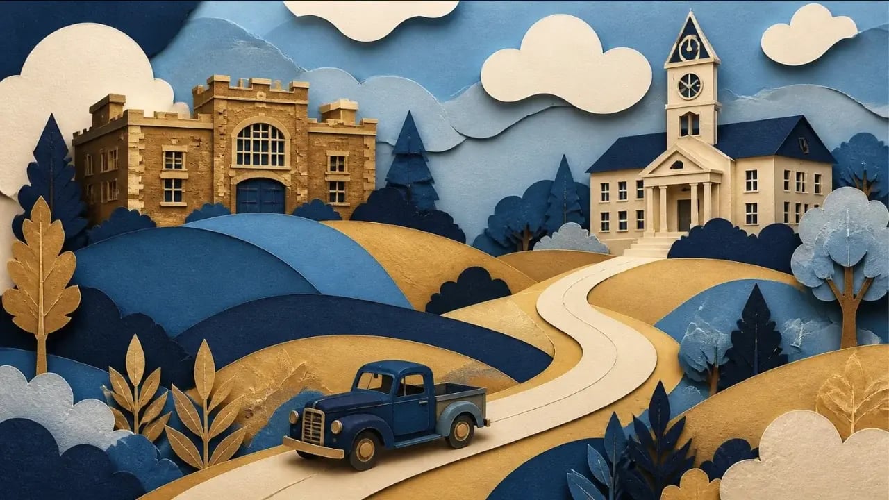 Paper-cut illustration of a small-town armory and a college clock tower joined by a winding road