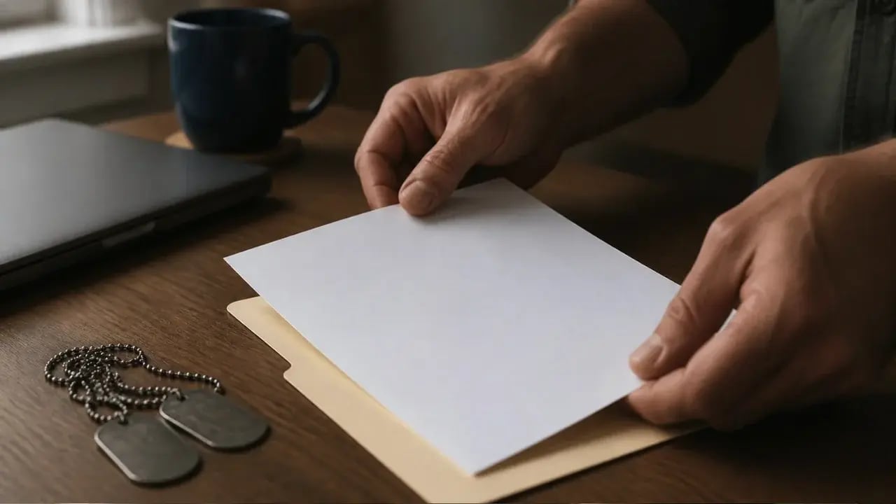 Hands arranging a blank application form, a folder and dog tags beside a laptop