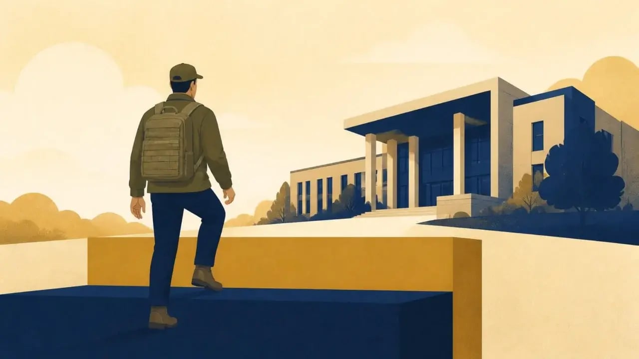 Illustration of a veteran climbing two steps toward a university building, one navy and one gold