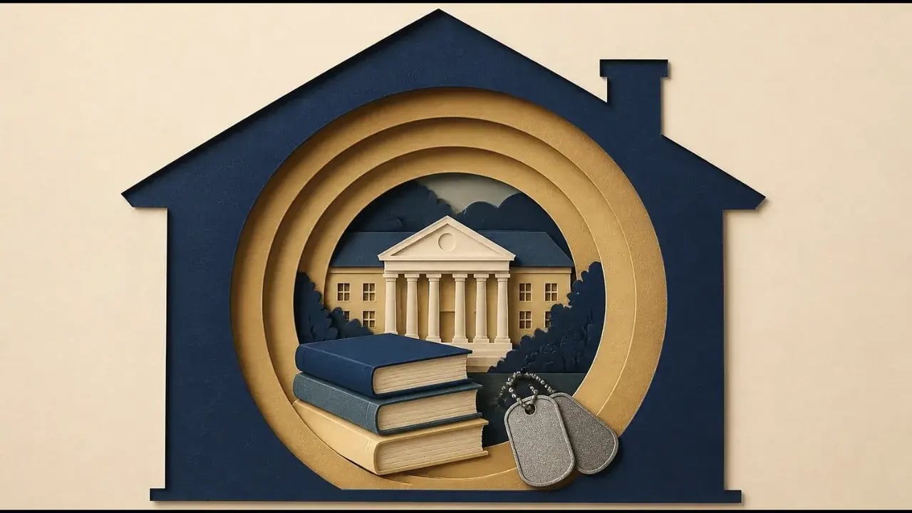 Paper-cut illustration of a house outline framing a university building, a stack of books and a pair of dog tags