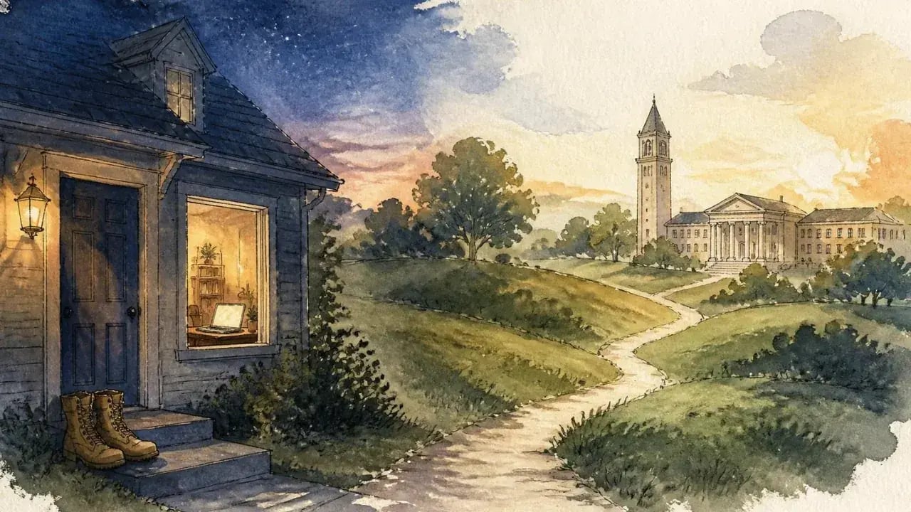 Watercolor of a home with a laptop glowing in the window and a path leading across the hills to a university campus
