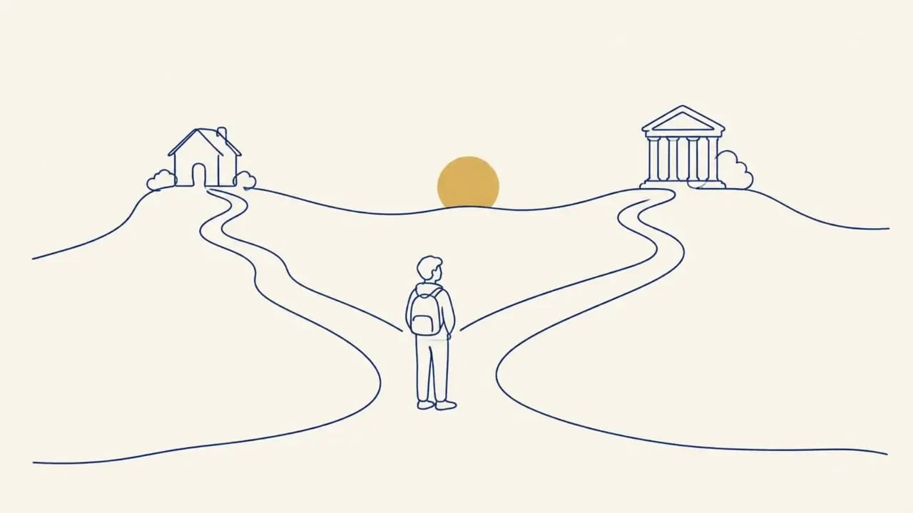 Single-line drawing of a veteran at a fork in the path between a house and a college building