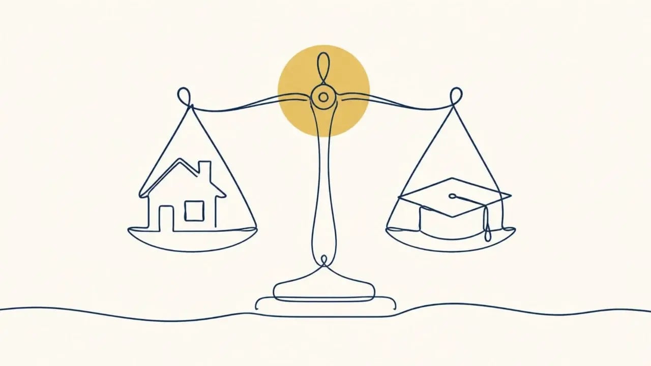 Single-line drawing of a balance scale weighing a house against a graduation cap