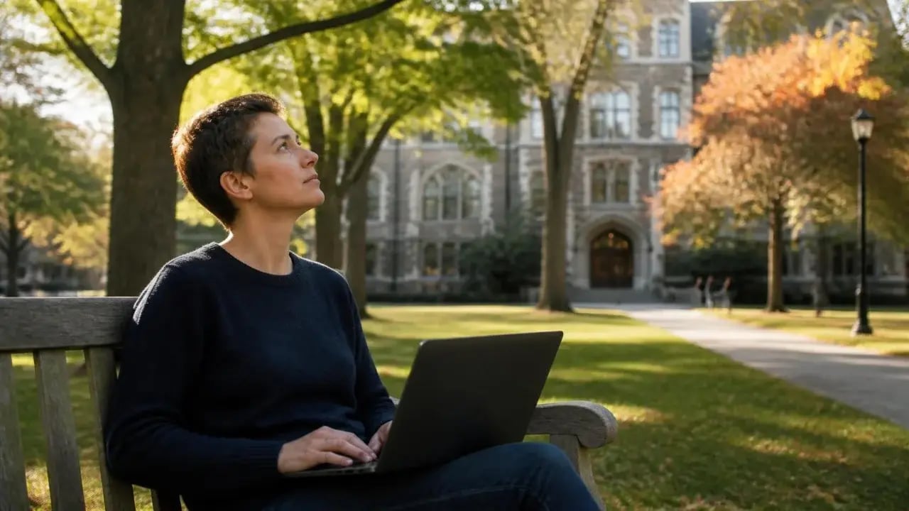 A veteran working on a laptop on a campus bench in the late-afternoon light
