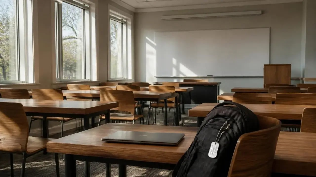 An empty university classroom in morning light, with a backpack and dog tags on one chair