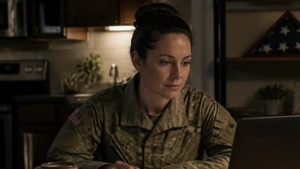A veteran studying online at her kitchen table in the evening