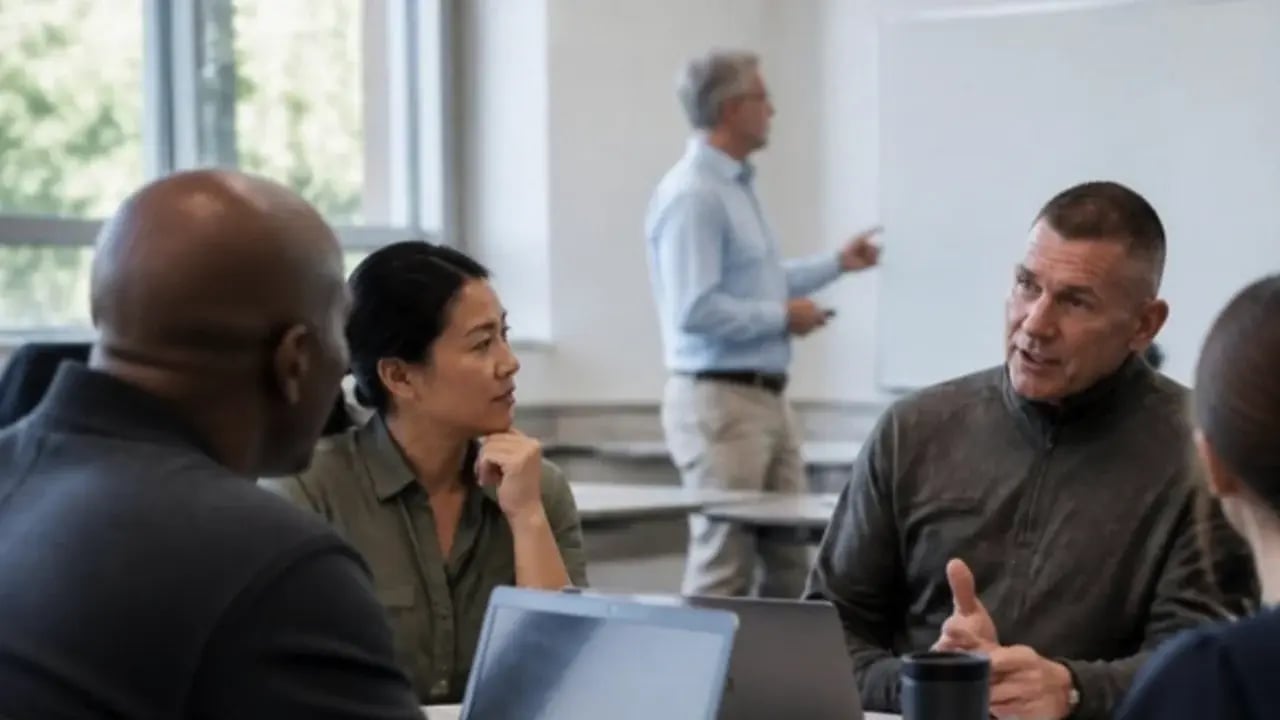 A veteran and other working adults in a weekend seminar on a university campus