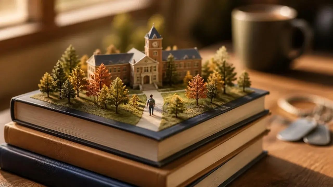 Miniature photograph of a tiny figure with a backpack walking up a path toward a model university campus built on top of a stack of hardcover books on a desk