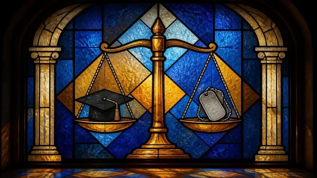 Stained-glass window showing balanced scales of justice, with a graduation cap on one pan and military dog tags on the other, in navy blue and gold glass