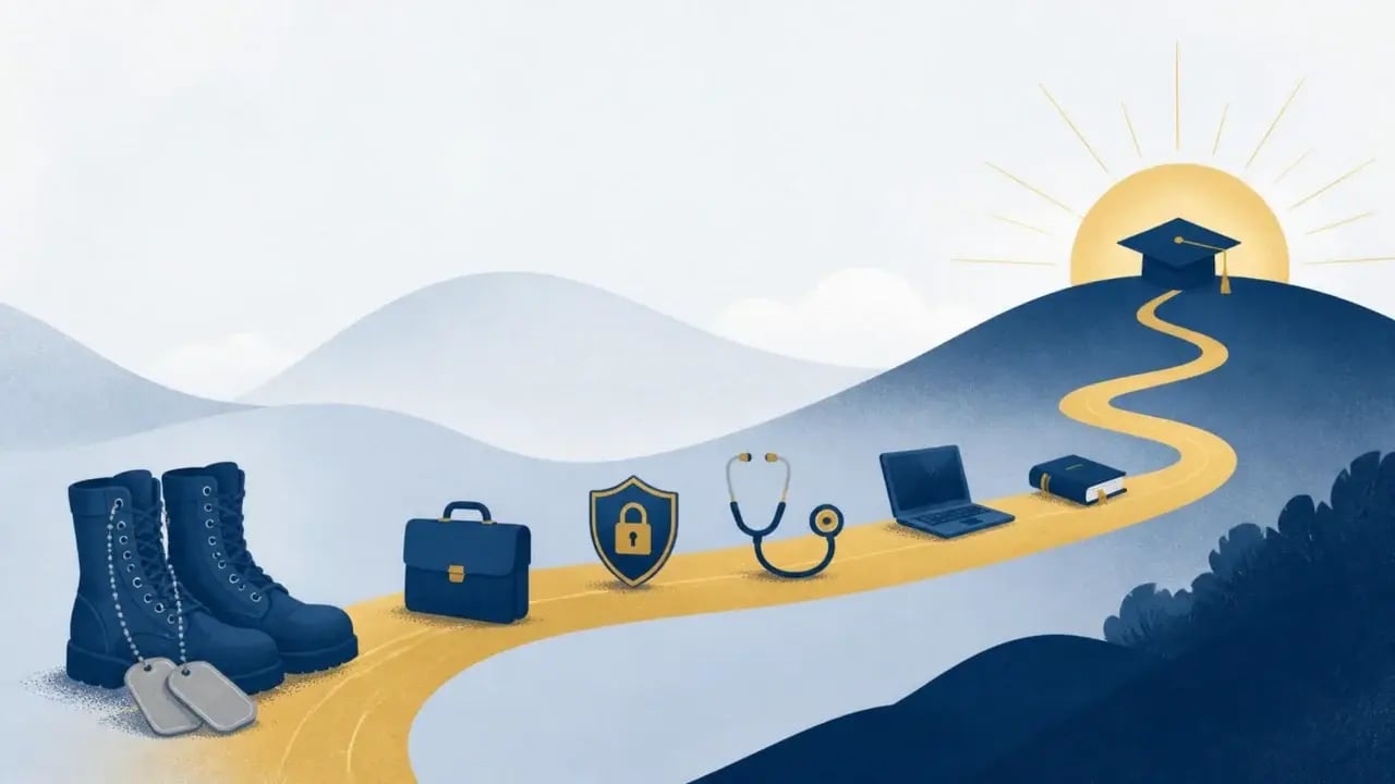 Illustration of a path from military boots and dog tags, past icons for business, cybersecurity, healthcare and technology, to a graduation cap