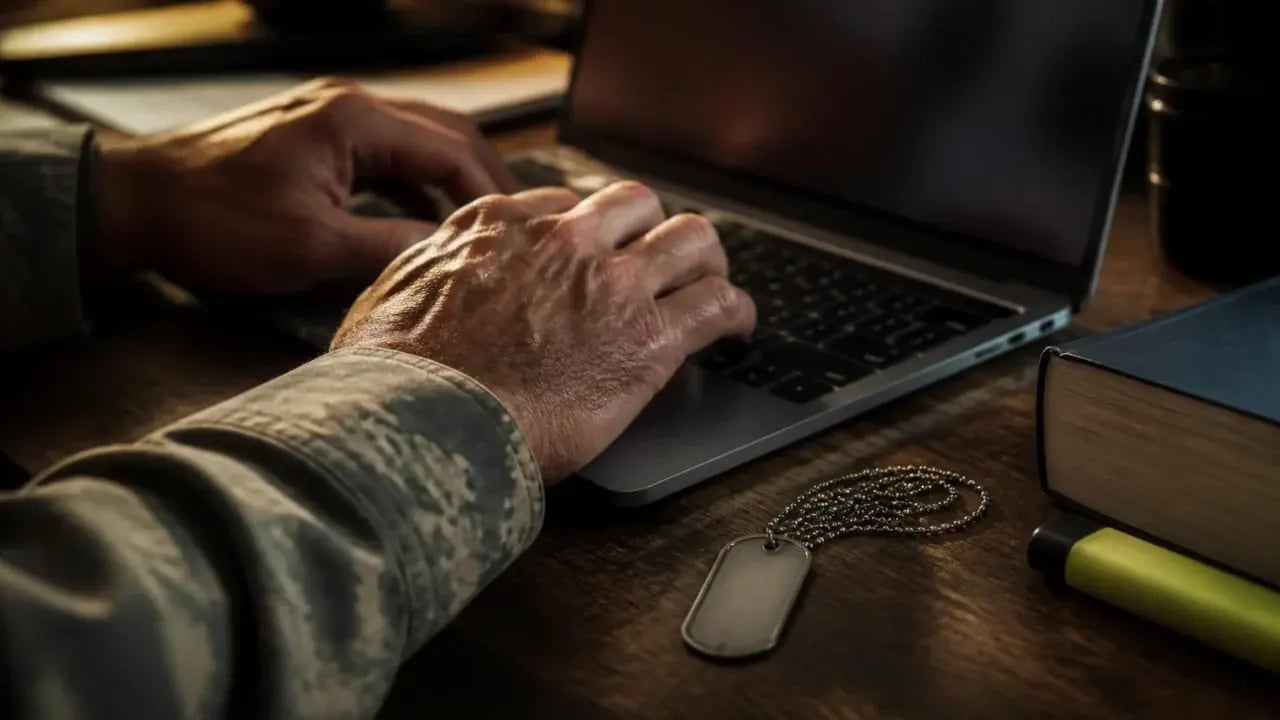A veteran's hands typing on a laptop, with dog tags and a textbook on the desk