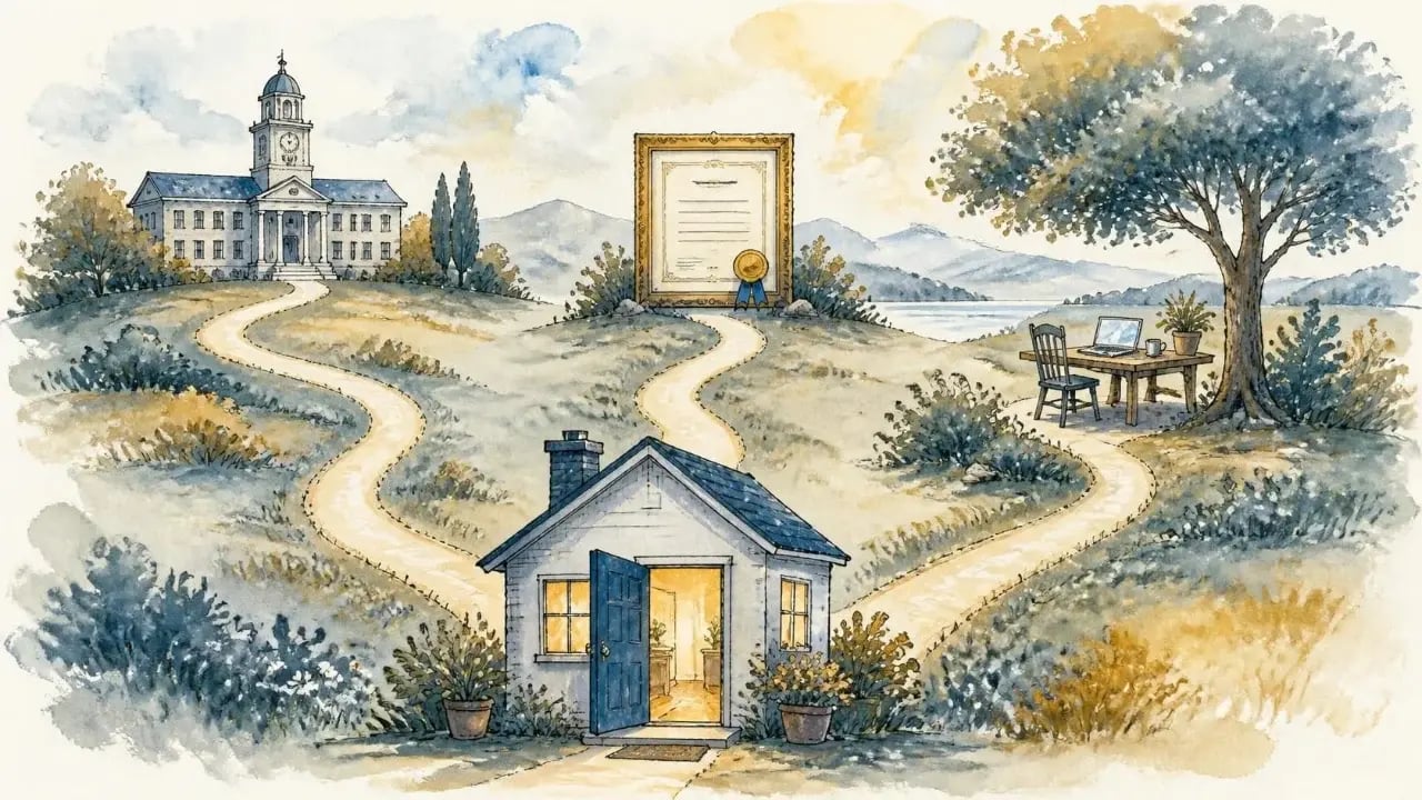 Watercolor illustration of a house with an open front door and three paths leading away: one to a college building with a clock tower, one to a large framed certificate, one to a table with a laptop under a tree