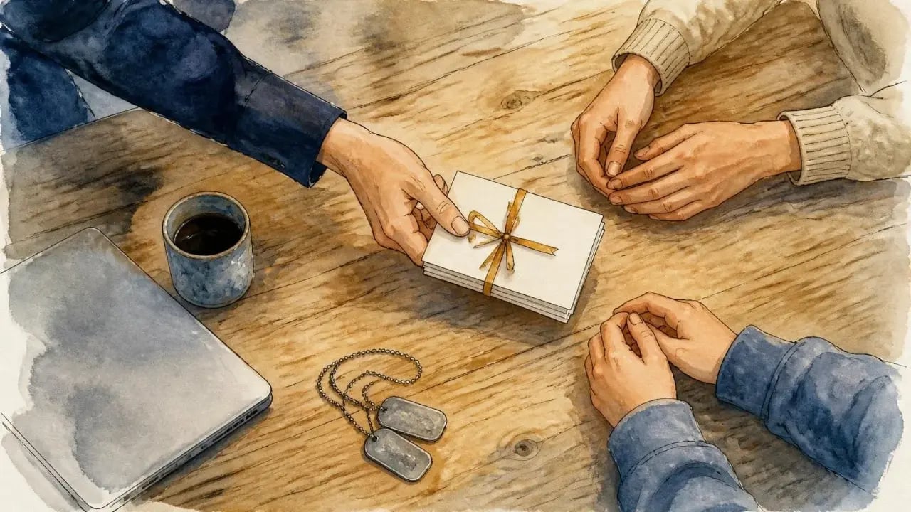 Watercolor illustration seen from above: a hand in a dark uniform sleeve slides a small stack of cards tied with a gold ribbon across a kitchen table to two other pairs of hands, beside a closed laptop, a coffee mug and dog tags