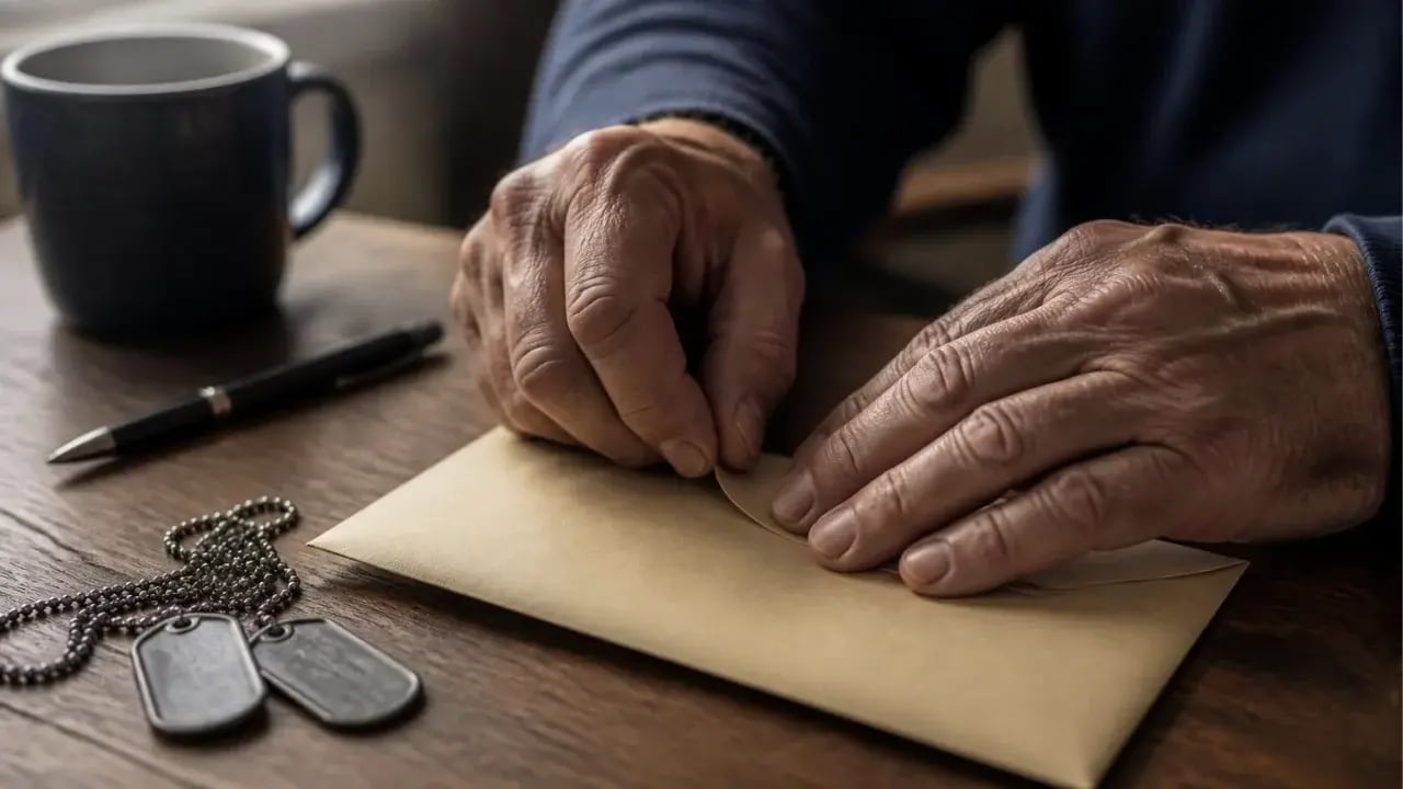 A veteran's hands sealing an envelope on a desk beside a pair of dog tags