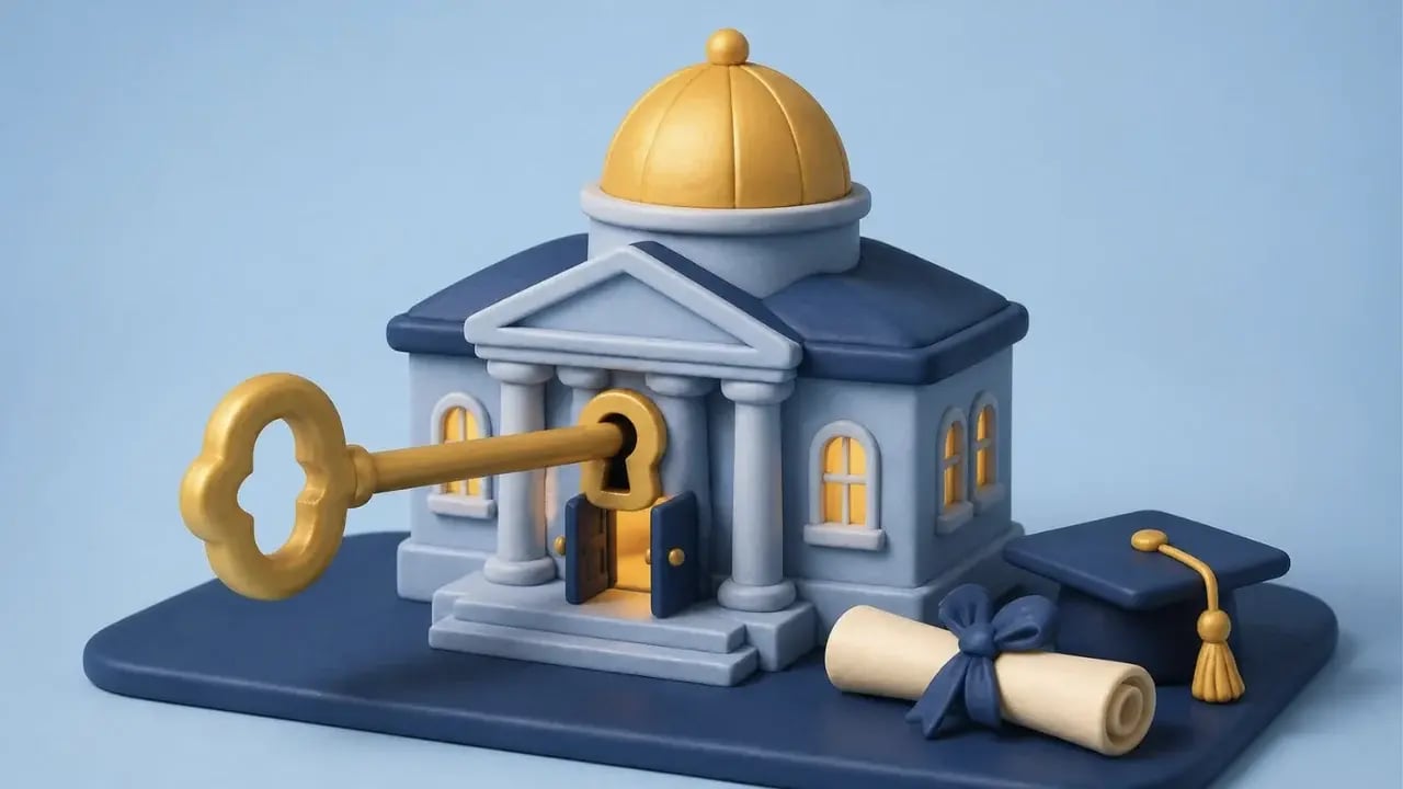 Illustration of a gold key opening the door of a small college building, next to a rolled plan and a graduation cap
