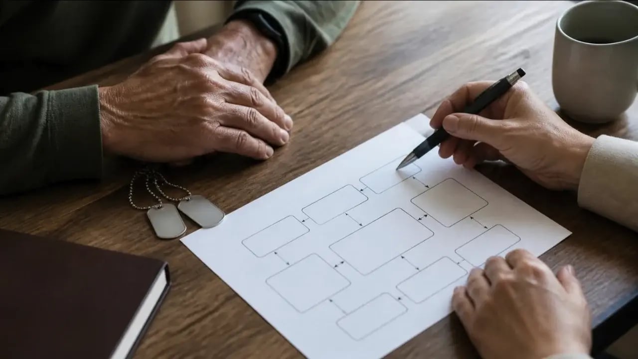 A veteran and a VR&E counselor's hands over a planning worksheet on a desk