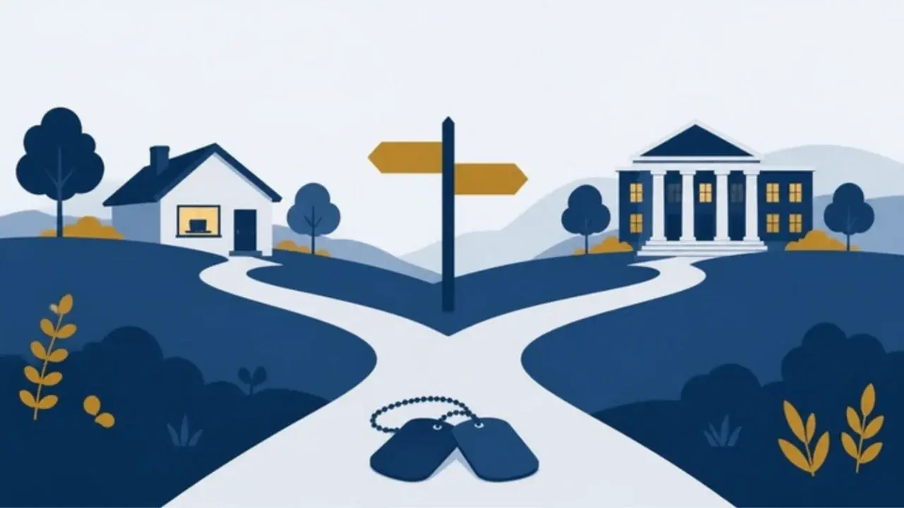 A path with dog tags at a fork, one way leading to a home with a laptop in the window and the other to a campus building