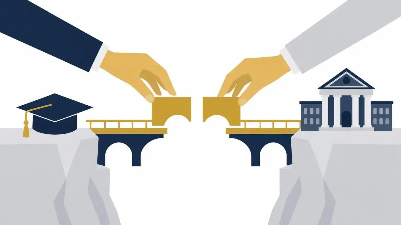 Illustration of two hands placing matching gold blocks to close the gap in a bridge between a graduation cap and a university, showing how the school and VA share the cost