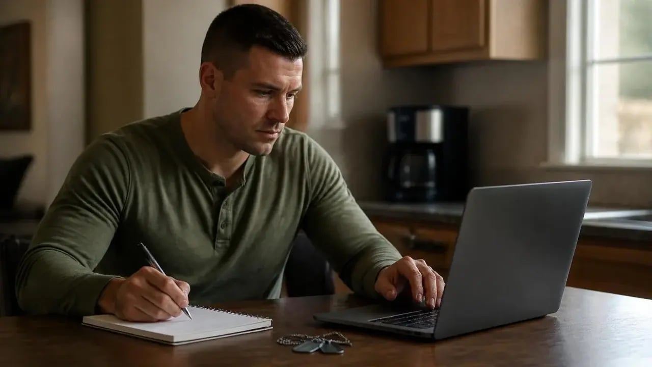 A veteran at a kitchen table researching Yellow Ribbon schools on a laptop and taking notes, dog tags beside the notebook