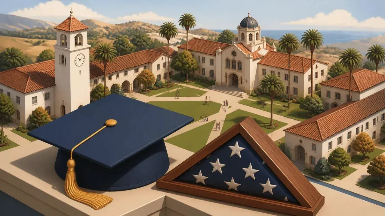 Illustration of a graduation cap and a folded American flag in a display case overlooking a California college campus