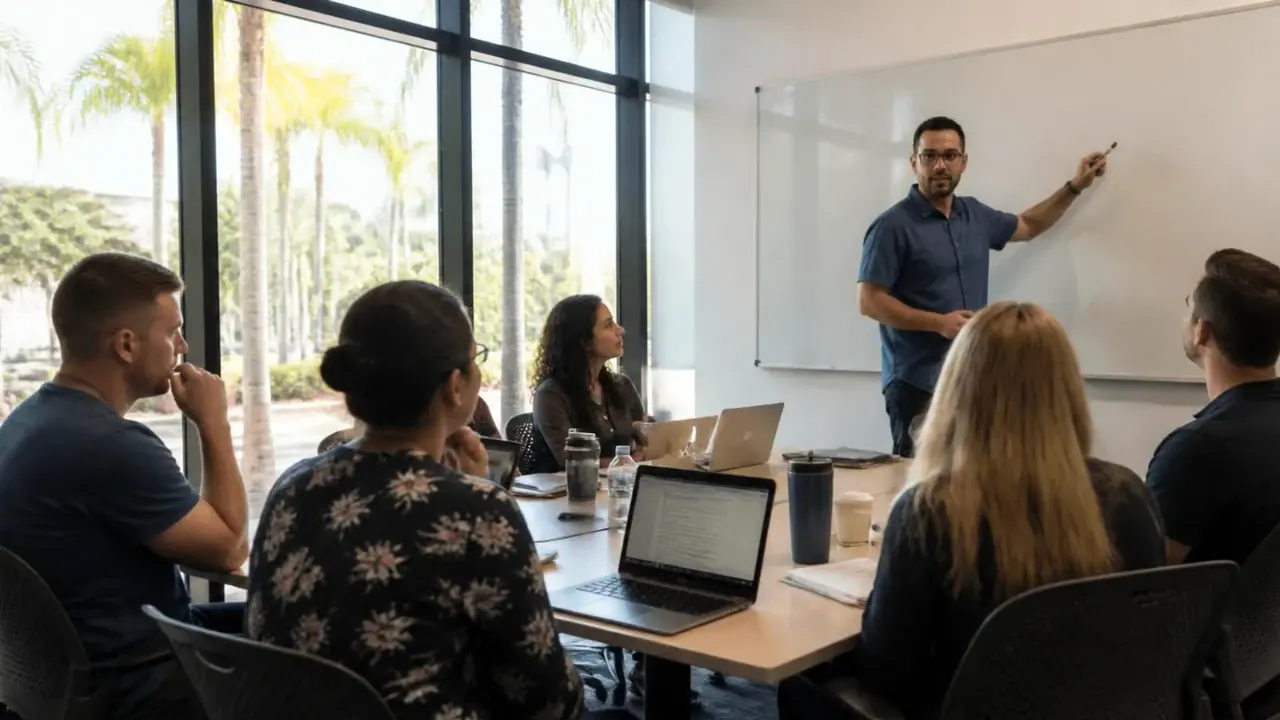 Working adults in a weekend campus seminar, the in-person part of Westcliff University's Professional Weekend format
