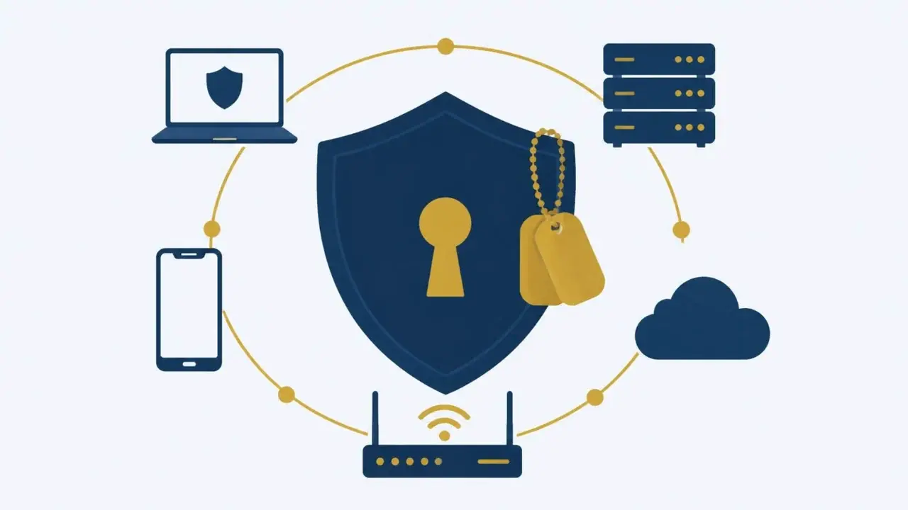 A shield with a keyhole and dog tags at the center of connected devices, a server and a cloud
