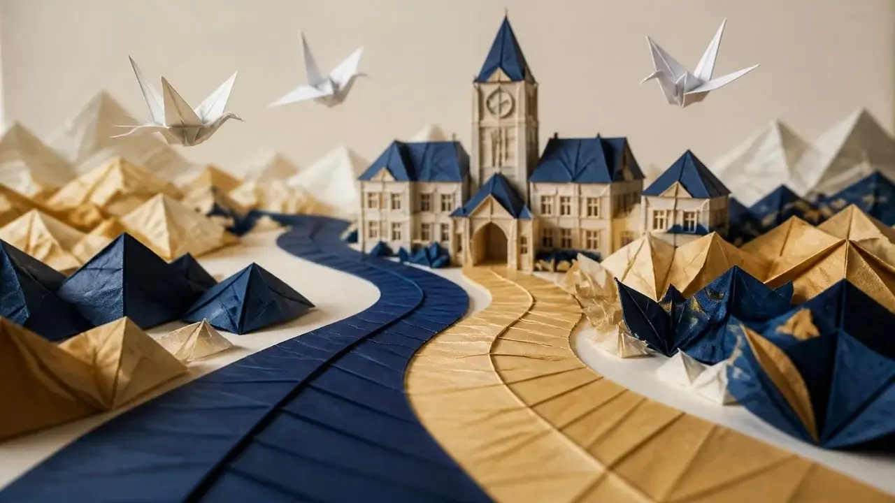 Origami paper diorama of a navy path and a gold path winding through folded paper hills to a university with a clock tower, with white paper cranes overhead