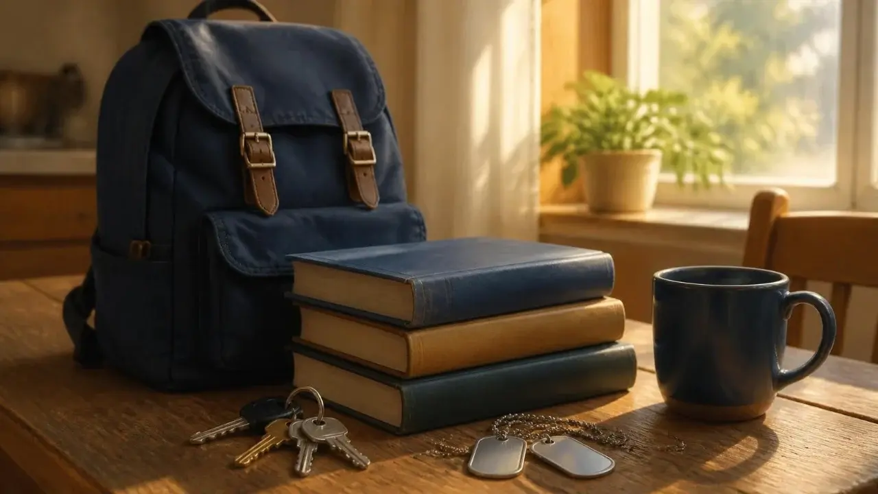 A navy backpack, closed textbooks, house keys and dog tags on a sunlit kitchen table