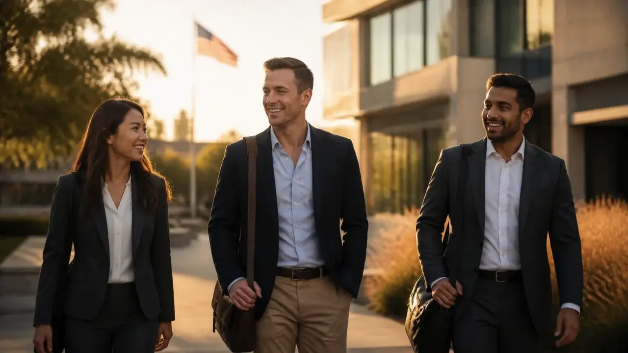 A veteran in a navy blazer walks across a university campus with two MBA classmates, an American flag behind them
