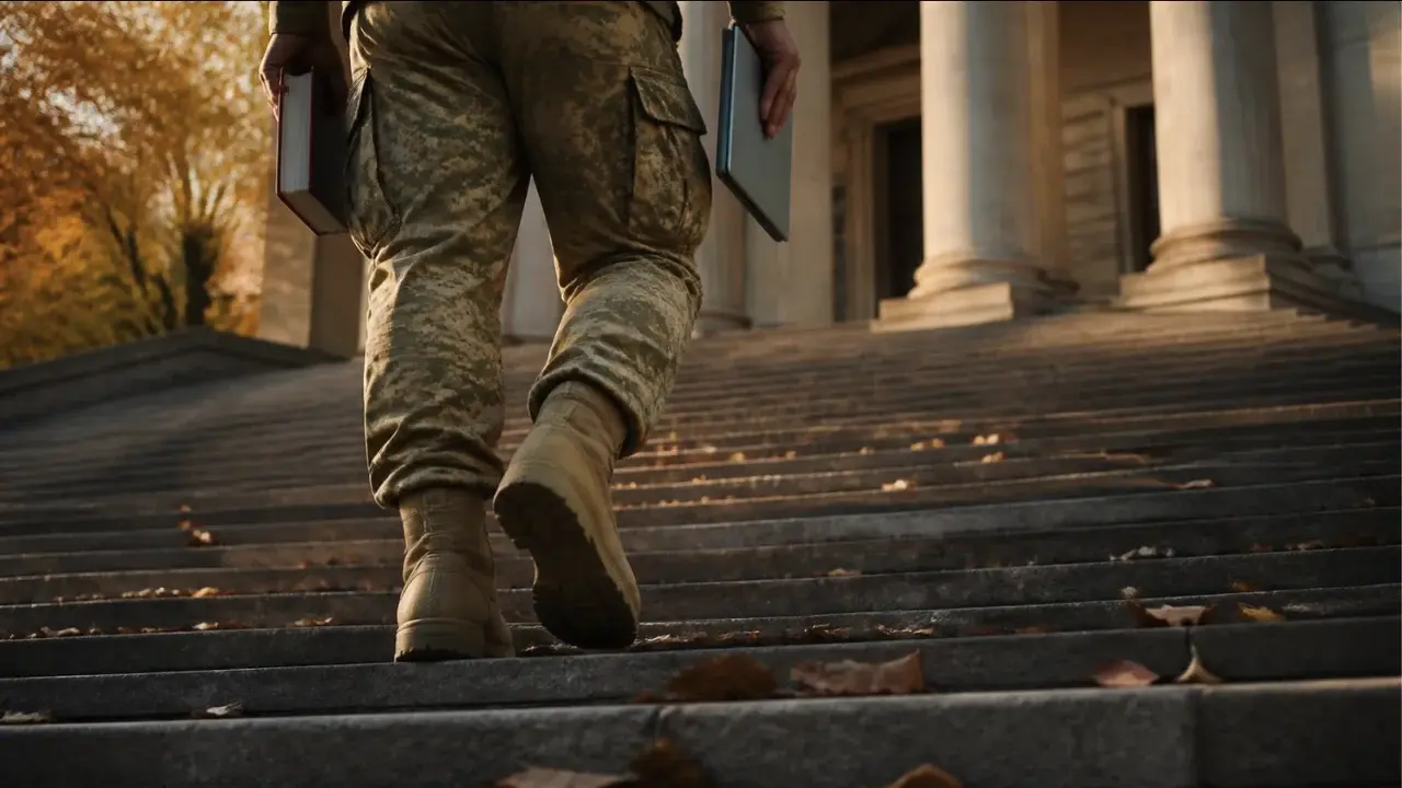 Service member in camouflage and boots climbing stone library steps at golden hour, carrying a book and a laptop