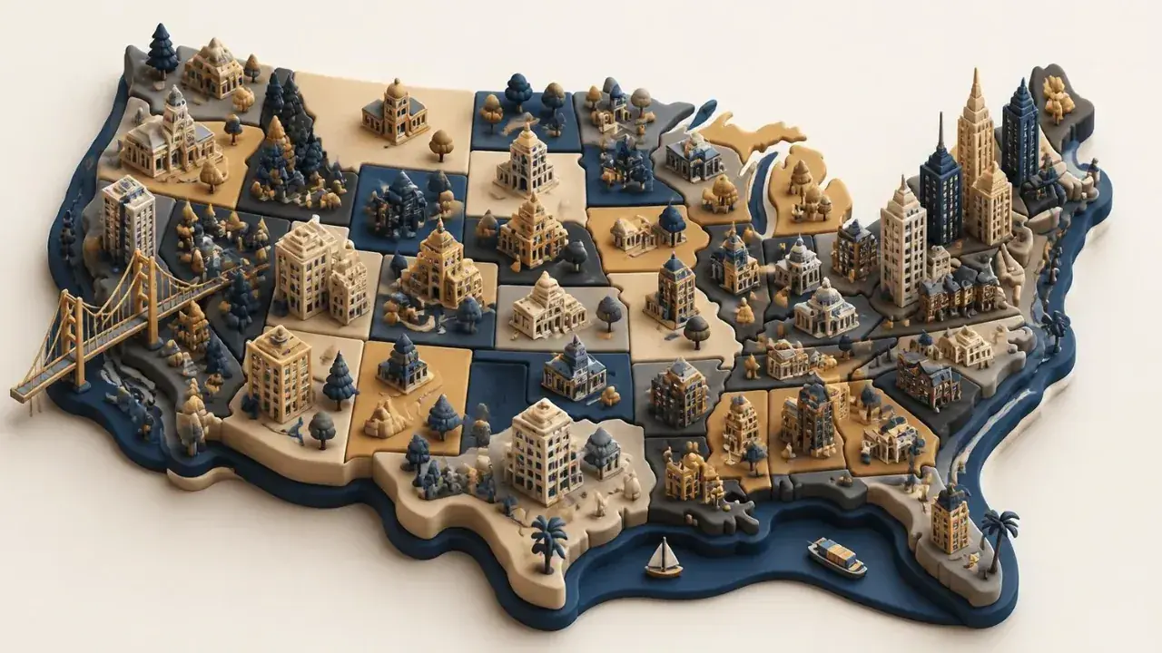 3D clay illustration of a U.S. map with college campuses and city buildings, taller on the coasts