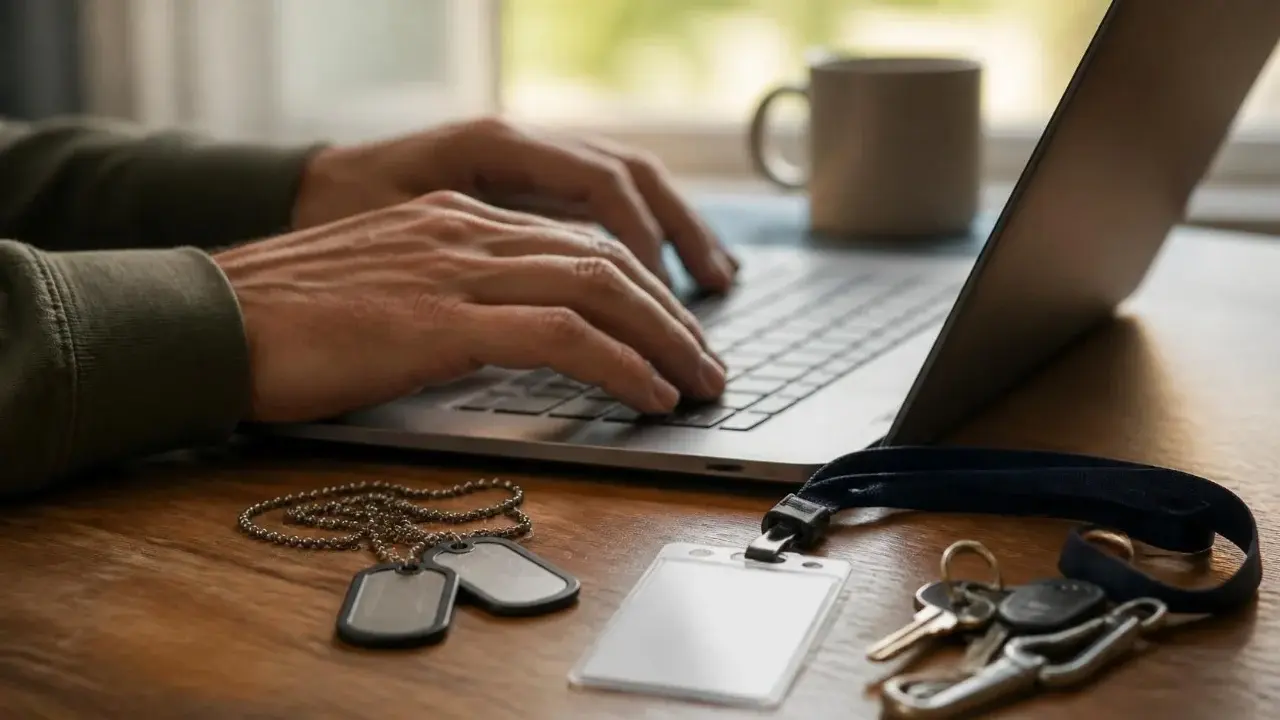 Close-up of a veteran's hands typing on a laptop beside dog tags and a campus ID lanyard