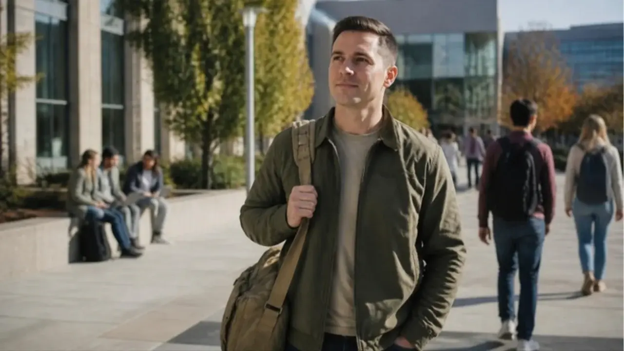 A veteran walking across a university campus with a laptop bag