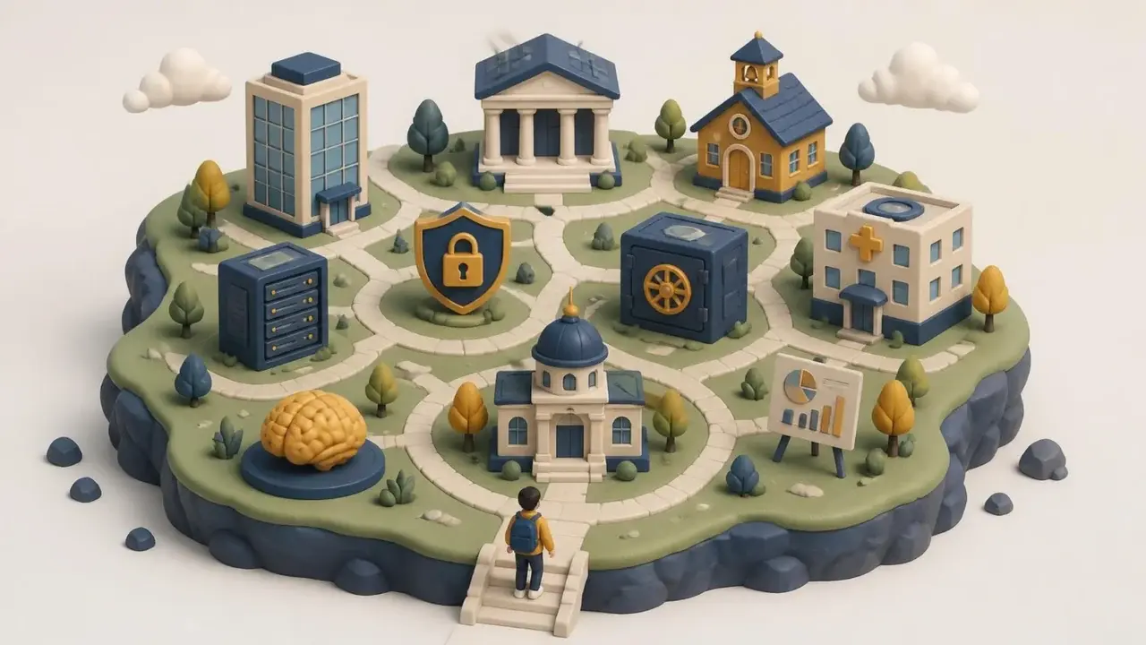 Illustration of an island campus with ten buildings for different career fields and a student with a backpack walking in